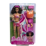 Cumpara ieftin Papusa Barbie Travel la Surf cu Placa de Surf si Catelus, Accesorii Plaja
