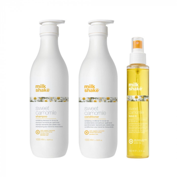 Set pentru par blond, Milk Shake, Sweet Camomile, Sampon 1000ml + Balsam 1000ml + Leave In 150ml