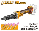 Polizor drept INGCO CDGLI2001, 20V, Brushless, 1/4&rdquo;, 3 trepte viteza 10000/20000/30000 RPM, 5 capete slefuire incluse, fara acumulator si incarcator