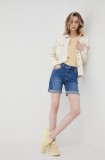 Pepe Jeans pantaloni scurti jeans Poppy femei, culoarea albastru marin, neted, medium waist