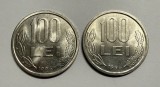 Lot 2 x 100 Lei 1994 Romania, a UNC/UNC, ambele tipuri de scris pe muchie (A si B)