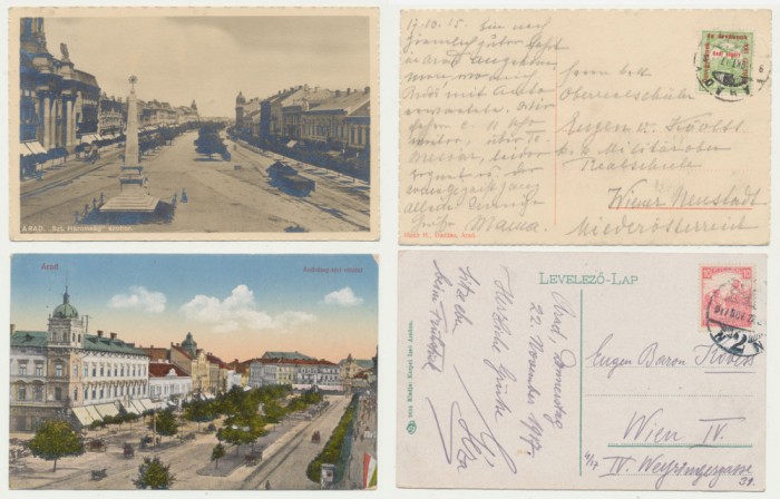 Arad 1915 &amp; 1917 doua ilustrate trimise de sotia feldmaresalului Hermann Koevess von Koevesshaza, ultimul Ministru de Razboi al Austro-Ungariei