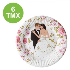 Farfurii Carton Nunta, Model Cuplu ?i Flori, Diametru 18 cm, Set 6 Buca?i foto