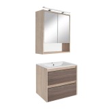 Set mobilier baie Leziter Porto 60, Sonoma Stejar - Rauna Szil, 60cm latime, cu lavoar ceramic si oglinda, modern, complet