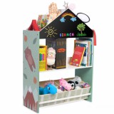 Biblioteca copii Verde, Organizator cu raft pentru carti, Cutii depozitare jucarii, Tabla de desen, Mobilier din Lemn MDF, Dulap tip casuta cu etajere