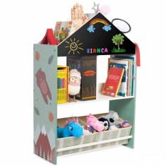 Biblioteca copii Verde, Organizator cu raft pentru carti, Cutii depozitare jucarii, Tabla de desen, Mobilier din Lemn MDF, Dulap tip casuta cu etajere