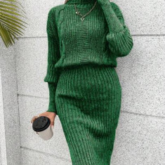 Rochie mini din tricot, cu guler inalt si maneca lunga, verde, dama, Shein