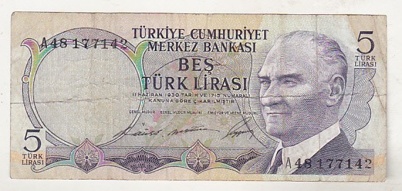 bnk bn Turcia 5 lire (1976) circulata