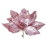 Floare decorativă de Crăciun, roz metalizat, cu glitter și clips, 26 cm, CMCLASS