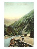 Rara! Carte postala circulata 1910:Salutari din Gorj-Vedere de pe Valea Jiului, Printata