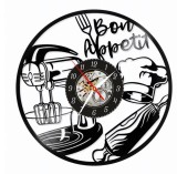 Ceas de perete din disc vinil, Tematică Bucătărie, Design Gastronomic cu Ustensile și Bonetă de Bucătar, Negru, 30 cm