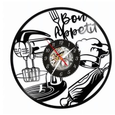 Ceas de perete din disc vinil, Tematică Bucătărie, Design Gastronomic cu Ustensile și Bonetă de Bucătar, Negru, 30 cm