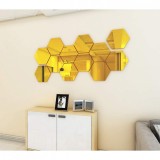 Set 12 Autocolante Oglinda Hexagonale Acrilice 3D, 10x8.7 cm, Auriu - Decor Perete Living, Dormitor, Birou