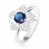 Inel de logodnă, argint 925, floare strălucitoare, zirconiu rotund albastru - Marime inel: 52
