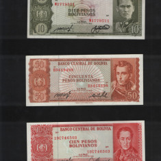 Lot / Set Bolivia 10 + 50 + 100 pesos bolivianos / 1962 necirculate