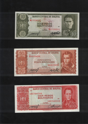 Lot / Set Bolivia 10 + 50 + 100 pesos bolivianos / 1962 necirculate foto