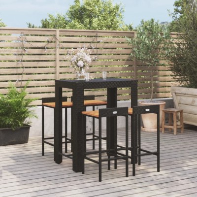 vidaXL Set bar pentru grădină, 5 piese, negru, poliratan/lemn acacia foto