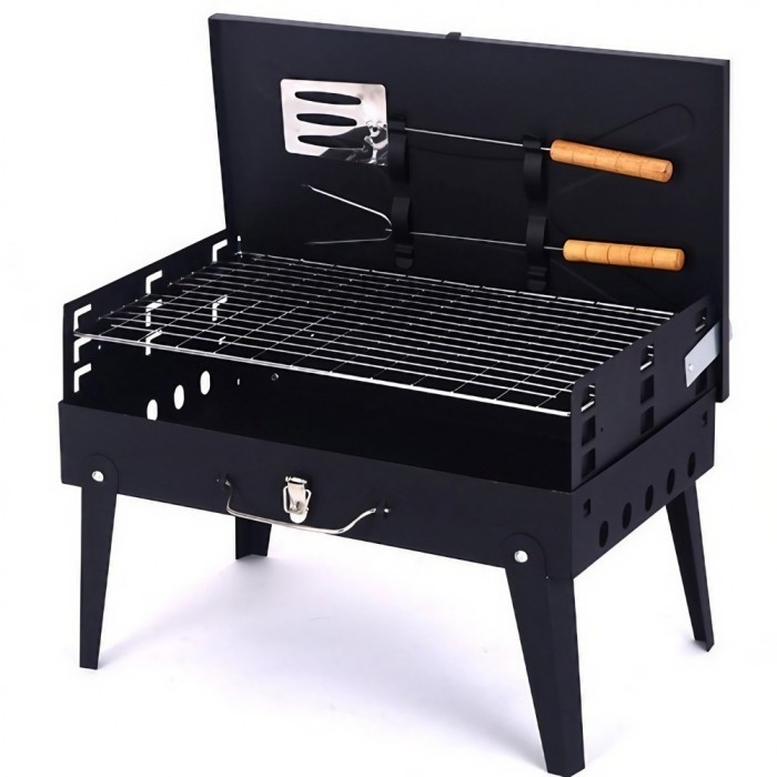 Gratar Portabil, Cyrax, Pliabil, Tip Servieta, cu Accesorii pentru Gatit Incluse, Confectionat din Metal, 46x43x26 cm, Negru