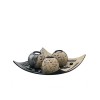 Set 3 Suporturi Lumanari Sferice cu Tava Lemn, Pietricele &amp; Lumanari Incluse, 28x9 cm, Sticla Maro, Stil Romantic