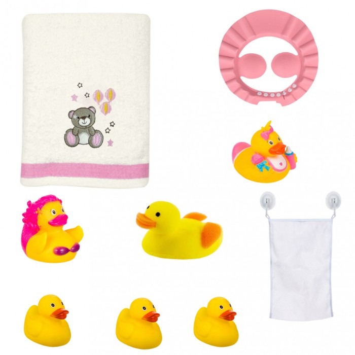Set baie fete cu rate de jucarie prosop mare burete organizator jucari si protecti anti stropire
