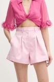 Rotate pantaloni scurți femei, culoarea roz, uni, high waist, 1137671011