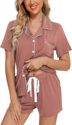 ng Femei Buton &amp;icirc;n jos pijama set V-Neck m&amp;acirc;necă scurtă Sleepwear Soft Pj Seturi S foto