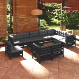 Set mobilier grădină cu perne, 11 piese, negru, lemn masiv pin