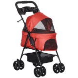 PawHut Cărucior buggy pliabil c&acirc;ine pisică coș depozitare suporturi pahare țesătură Oxford 300D impermeabilă 4 roți roșu | Aosom Romania