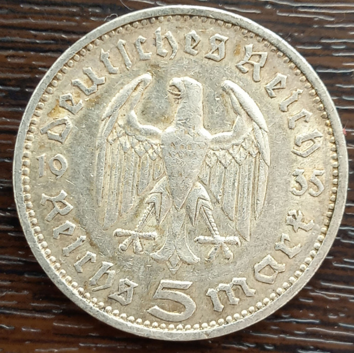 (A31) MONEDA DIN ARGINT GERMANIA - 5 MARK 1935, LIT. F, PAUL VON HINDENBURG