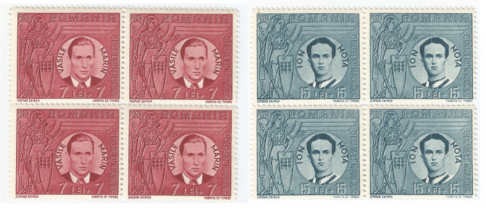 |Romania, LP 142 III/1941, Vasile Marin si Ion Mota, blocuri de 4 timbre, MNH