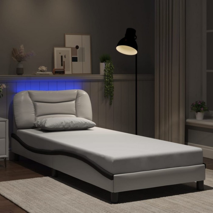 vidaXL Cadru de pat cu lumini LED alb/negru 90x190 cm piele ecologică 3213905