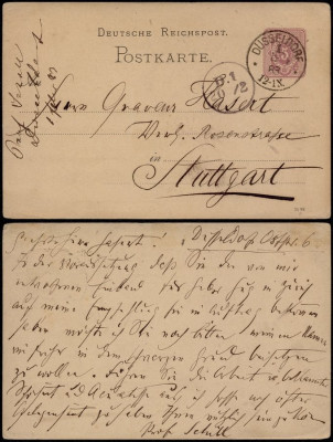 Germany 1883 Postal History Rare Postal stationery D&amp;uuml;sseldorf to Stuttgart D.287 foto