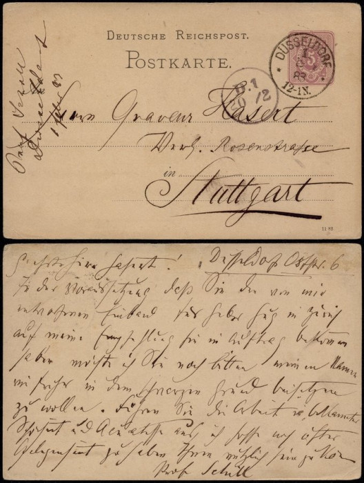 Germany 1883 Postal History Rare Postal stationery D&uuml;sseldorf to Stuttgart D.287