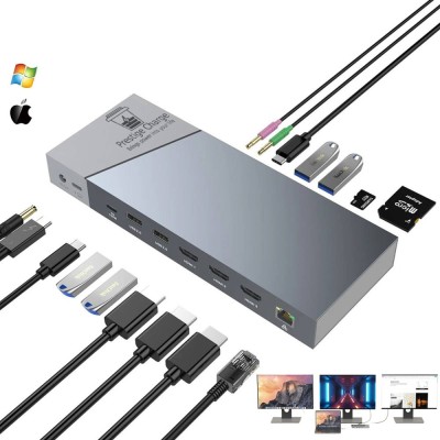 HUB USB C 16 in 1, PRESTIGE CHARGE&amp;reg;, 3 x HDMI 4K/QHD, SD Card Slot, MicroSD, RJ45 Gigabit 1000Mbps, PD 100W, Jack 3.5 mm, Type C 3.2, 2* USB 3.2 5 Gbp foto