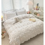 Lenjerie pat dublu creponata cu banda alba,bumbac finet,6 piese,alba-A866
