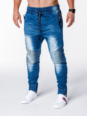 Blugi pentru barbati, albastri cu siret, elastici, semi-tur, slim fit, banda jos - P649 foto