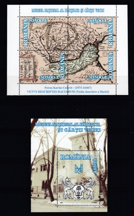 ROMANIA 2003 LP 1607 LP 1608 MUZEUL NATIONAL AL HARTILOR SI CARTII VECHI BLOC SI COLITA MNH
