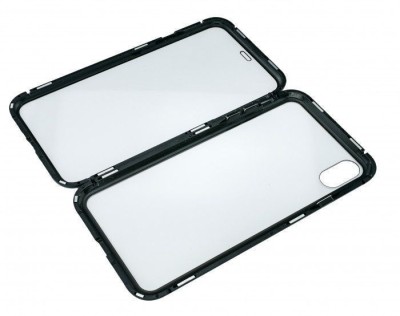 Carcasa din sticla securizata cu rama magnetica pentru iPhone Xs Max, Negru-Transparent foto
