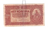 Bancnota Ungaria 2 korona/coroane 1 ianuarie 1920, seria fara stea, uzata, rupta