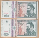 (1) SET 2 BANCNOTE ROMANIA - 500 LEI 1992 SERII CONSECUTIVE, PORTRET BRANCUSI, FILIGRAN LATERAL, STARE AUNC/UNC
