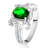 Inel din argint 925, piatră ovală verde, braţe răsucite, cu zircon - Marime inel: 60