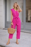 Summer Single-Breasted V-Neck Waist-Tied Fuchsia Linen Jumpsuit