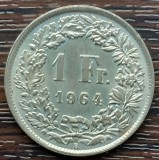 (A969) MONEDA DIN ARGINT ELVETIA - 1 FRANC 1964, STARE FOARTE BUNA, LUCIU BATERE, Europa