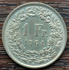 (A969) MONEDA DIN ARGINT ELVETIA - 1 FRANC 1964, STARE FOARTE BUNA, LUCIU BATERE