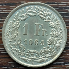 (A969) MONEDA DIN ARGINT ELVETIA - 1 FRANC 1964, STARE FOARTE BUNA, LUCIU BATERE