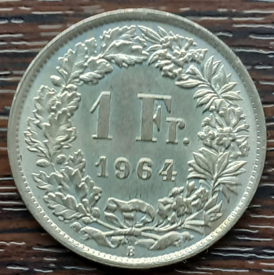 (A969) MONEDA DIN ARGINT ELVETIA - 1 FRANC 1964, STARE FOARTE BUNA, LUCIU BATERE foto