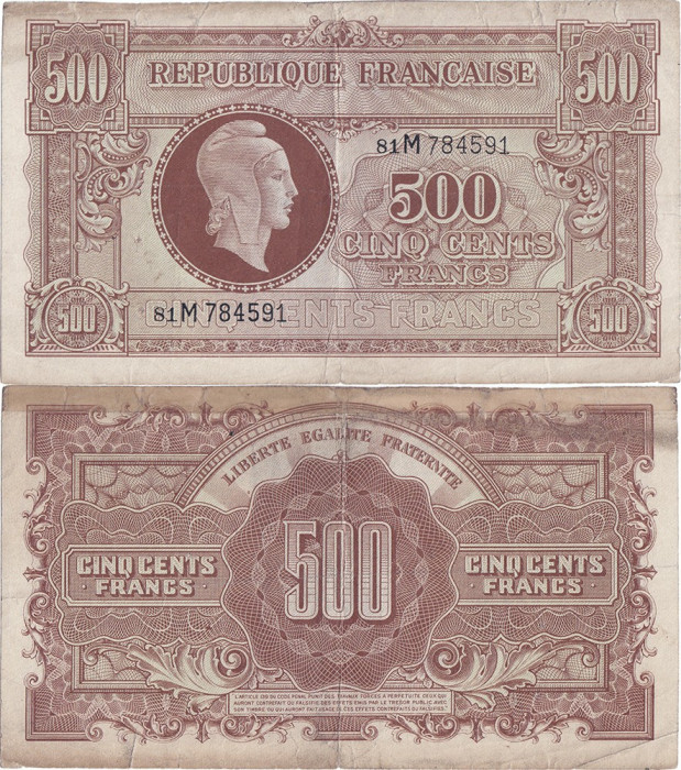 1944, 500 francs (P-106) - Franța