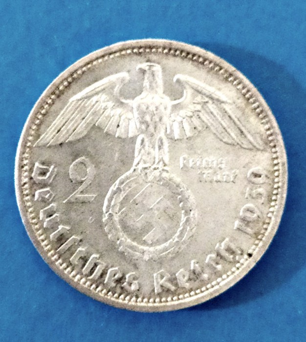 GERMANIA 2 REICHSMARK MARCI 1939 LITERA A HINDENBURG ARGINT STARE AUNC
