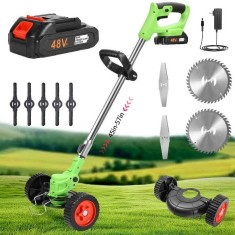 Set motocoasa electrica, cu 2 acumulatori, putere 1500W, cu 3 unghiuri de taiere, baterie 48V si alte accesorii, din ABS si metal, cu roti detasabile,