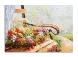 Cumpara ieftin Tablou cos cu flori pe banca pictat manual, O zi minunata, 70x50cm ulei in cutit efect 3D, Valentin Pop